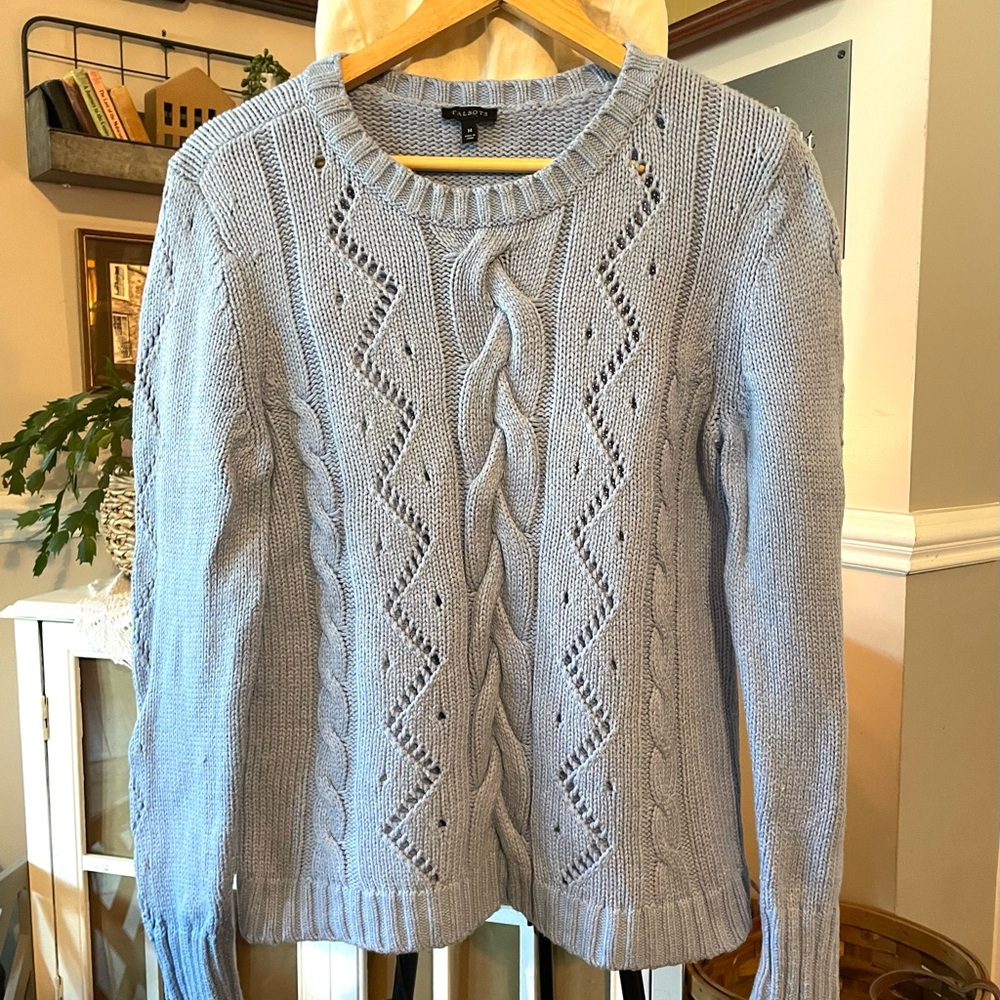 TALBOTS French Iris Heather Cableknit Crewneck Sweater sz M